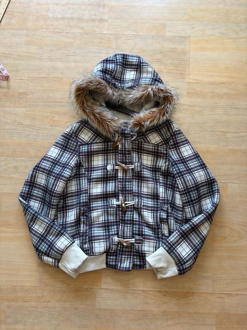 Me Jane Plaid Faux Fur Hooded Jacket Size L
